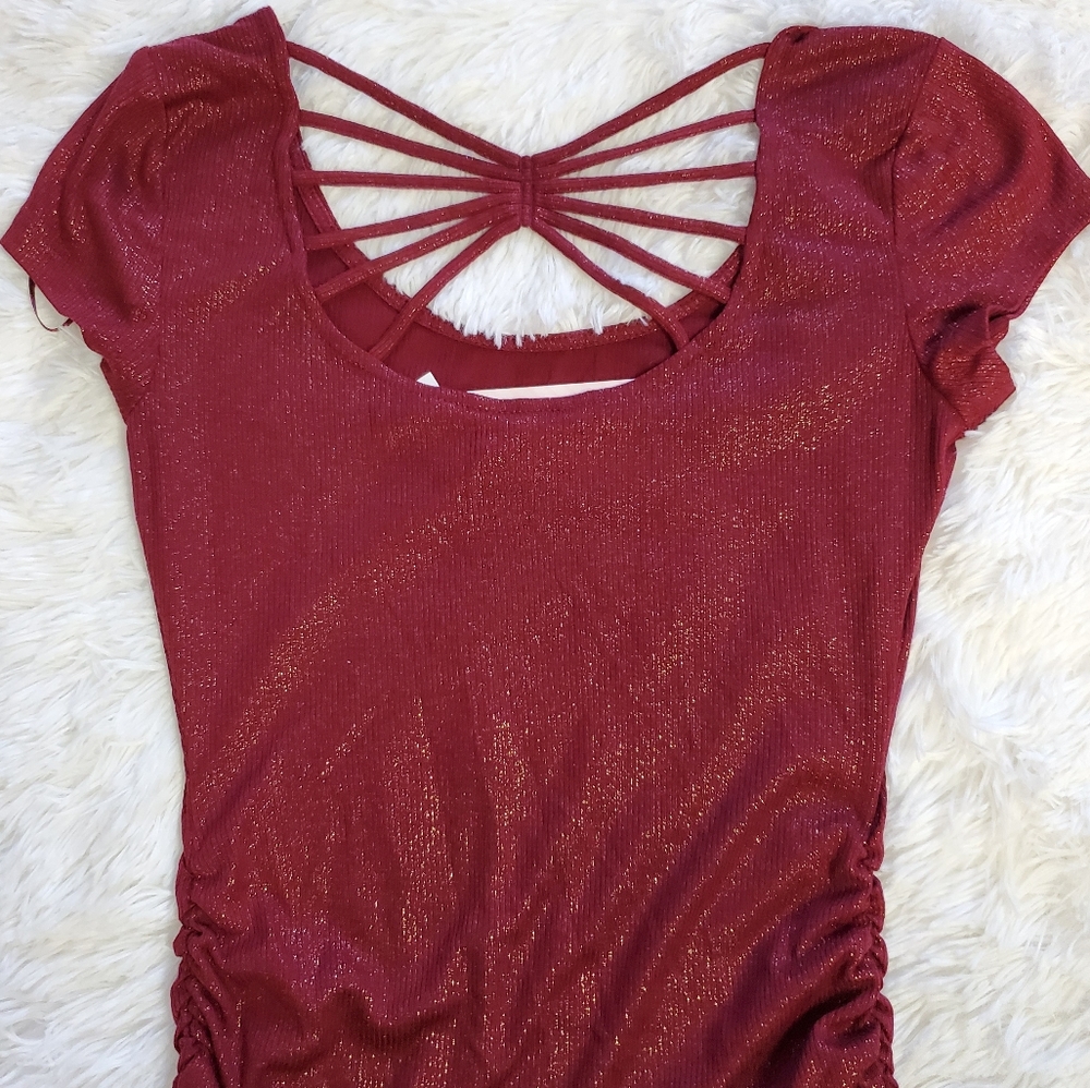 CANDIE'S BURGUNDY GOLDEN SHIMMER STRAPPY BACK TOP! - Picture 11 of 15